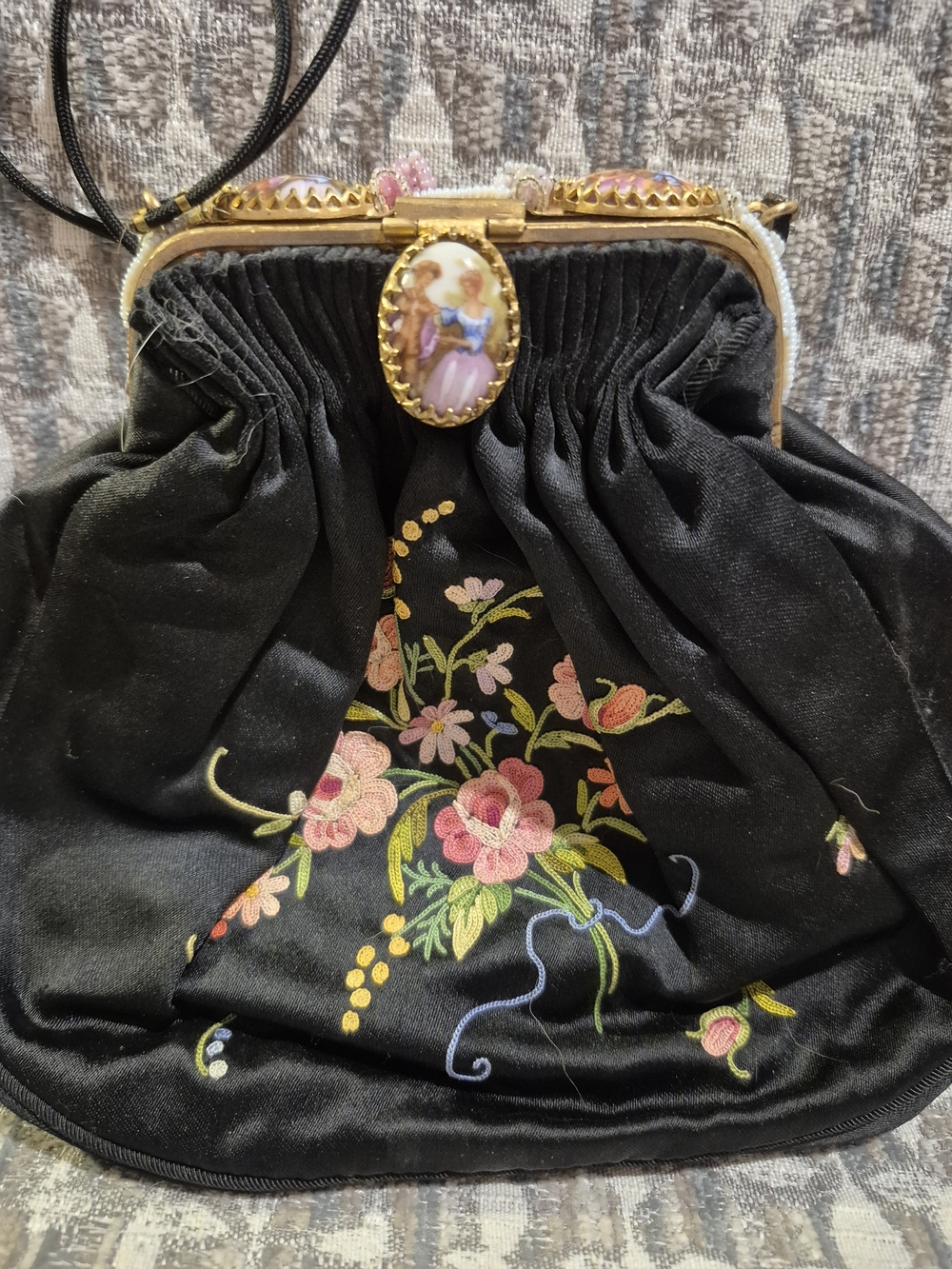 Vintage Made In France BlackSilk Embroidered Evening Bag with Pink Floral Detail